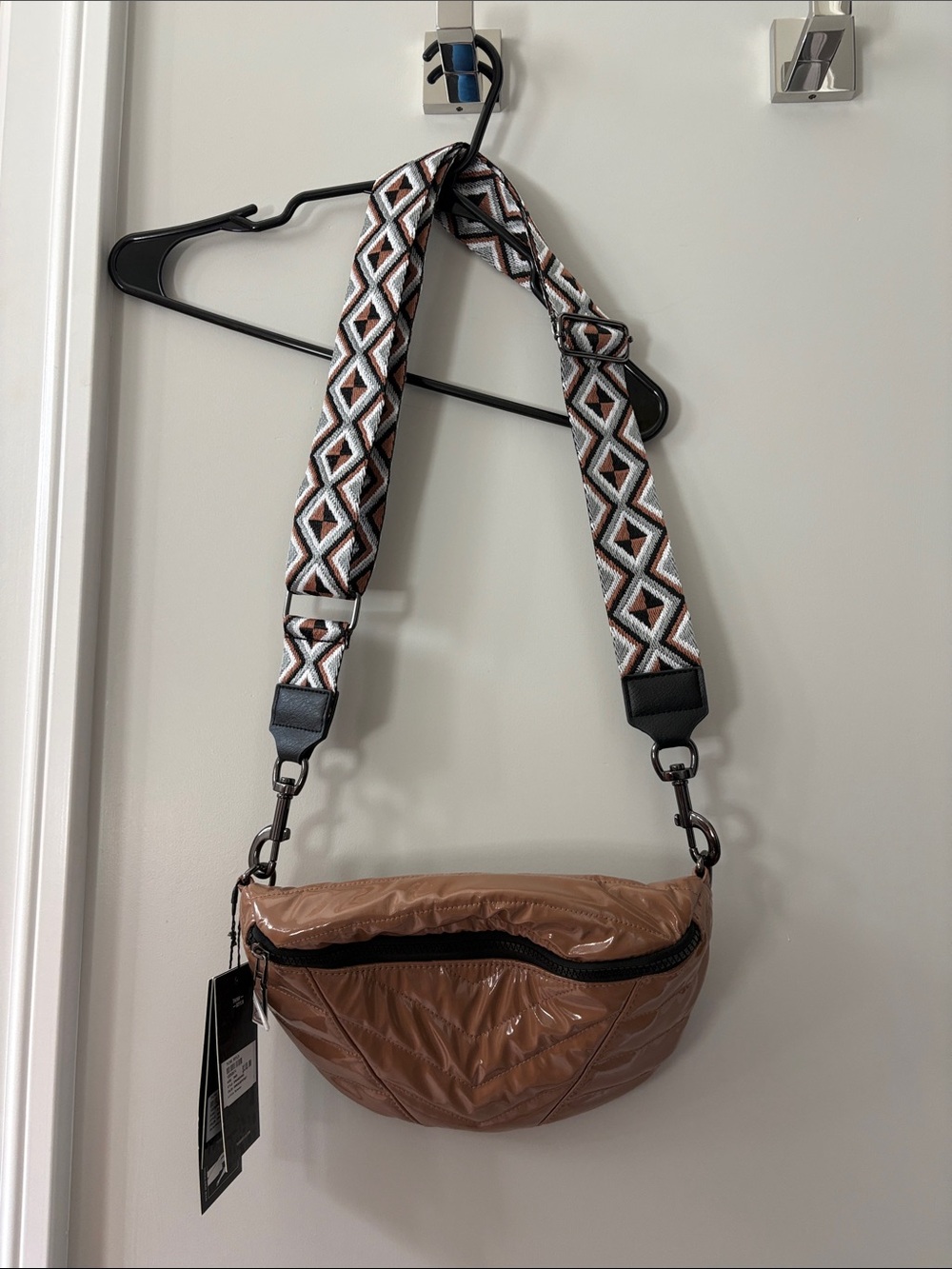 THINK ROYLN Dark Nude Patent Crossbody Belt Bag with Patterned Strap